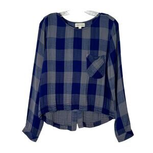 Cloth & Stone Long Sleeve Braided Back Plaid Top Blue Gray Small